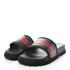 Gucci Rubber Web Mens Lug Sole Slide Sandals Black Green Red