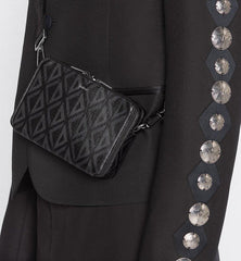 Christian Dior Zipped Pouch with Strap Black Coated Cotton Canvas with CD Diamond Print
