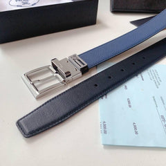 Prada Leather Reversible Belt With Triple Buckles 'Black/Blue'