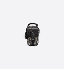 Saddle Vertical Pouch with Strap Beige and Black Dior Oblique Jacquard with Black Grained Calfskin