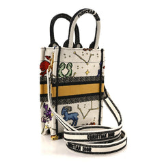 Christian Dior Canvas Embroidered Pixel Zodiac Mini Book Tote Phone Bag in Latte Multicolor