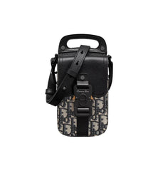 Saddle Vertical Pouch with Strap Beige and Black Dior Oblique Jacquard with Black Grained Calfskin