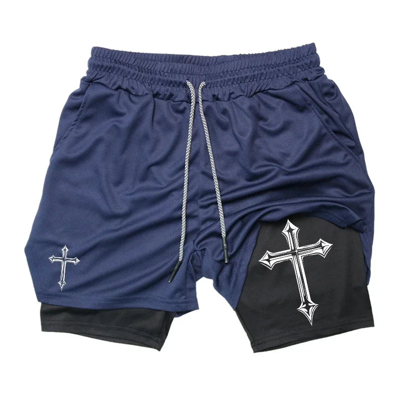 Cross Print 2 in 1 Workout Running Shorts for Men Gym Exercise