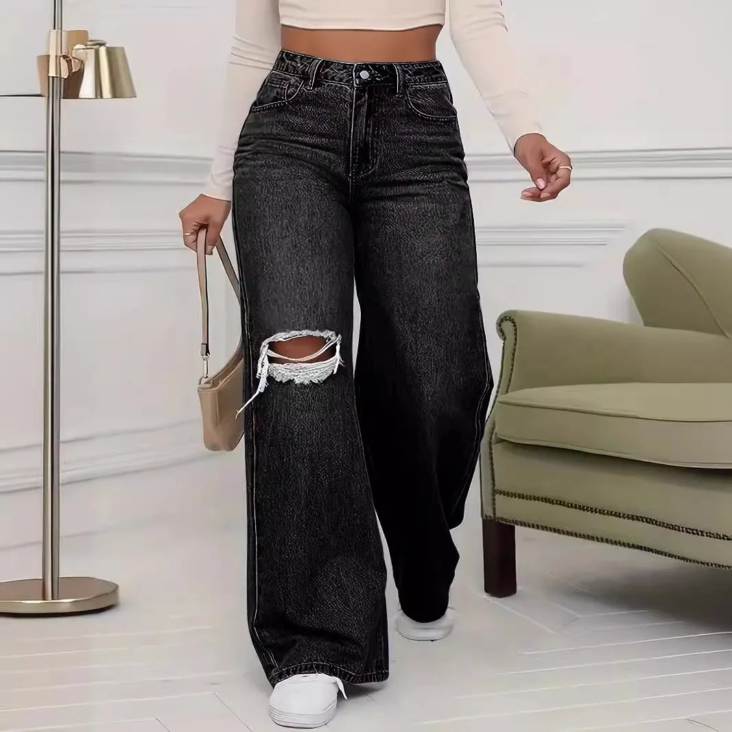 Designer High Waist Denim Wide-leg Pants