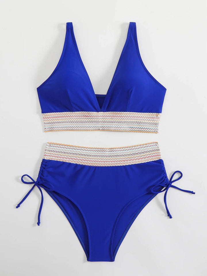 2025 Solid Color Drawstring Bikini Set Fashion High Waist Separate Patchwork Swimwear Drawstring Women