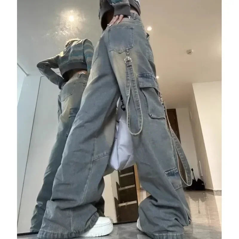 Denim High Waist Full Length Jeans Loose Solid Patchwork Distressed