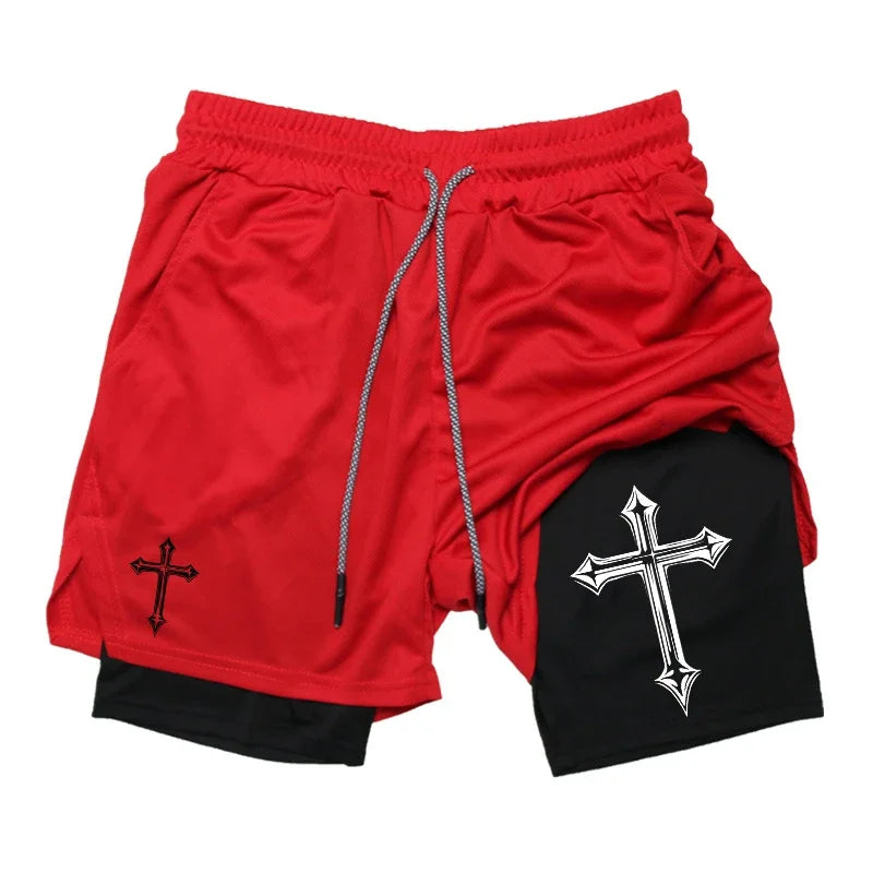 Cross Print 2 in 1 Workout Running Shorts for Men Gym Exercise