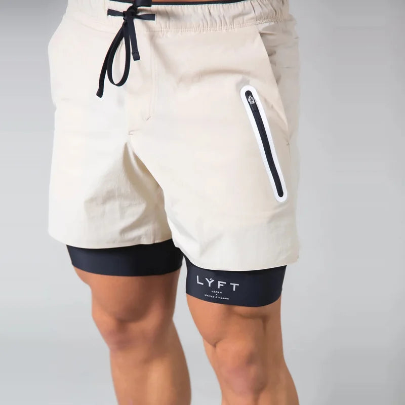 Double-deck fitness sports shorts Men summer 2 IN 1 training Gyms