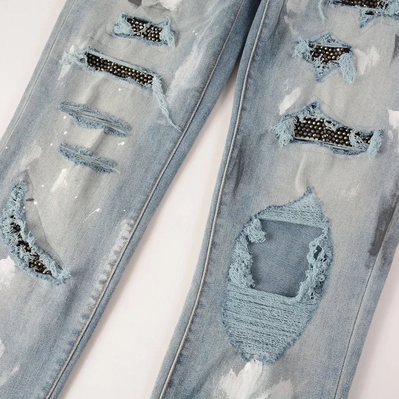 Men Crystal Skinny Stretch Denim Jeans Streetwear
