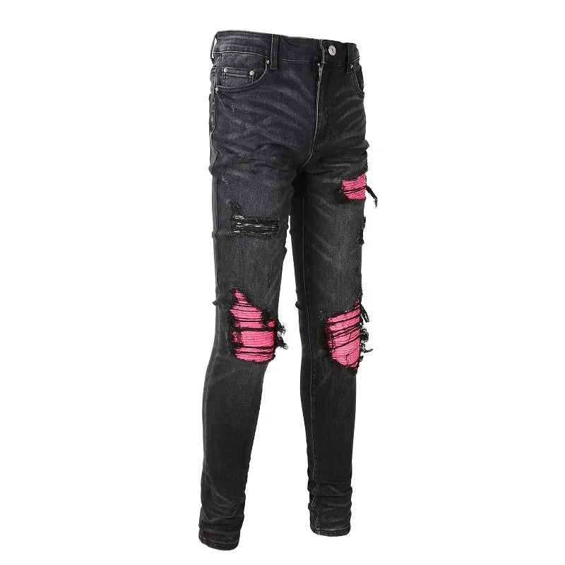 lJeans Streetwear Pleated Patchwork Holes Ripped Stretch Denim Pants Skinny Tl