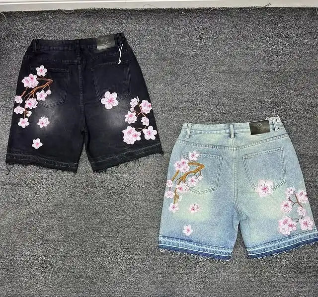 Gothic Mens And Womens Cherry Denim Shorts  Hip Hop Retro Casual Pants