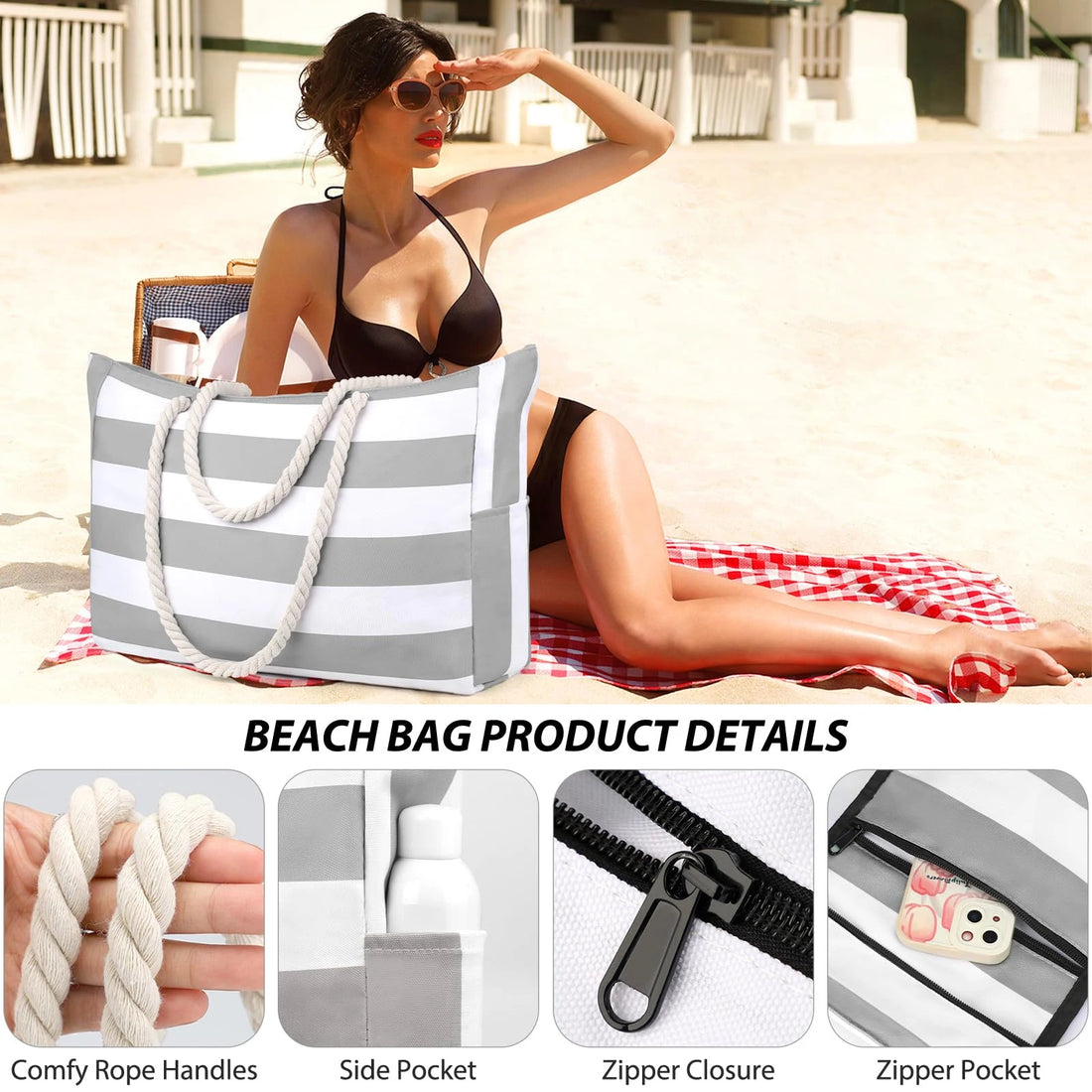 Striped zipper outer bag for outdoor travel and vacation waterproof resistant canvas