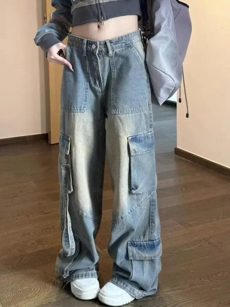 Denim High Waist Full Length Jeans Loose Solid Patchwork Distressed