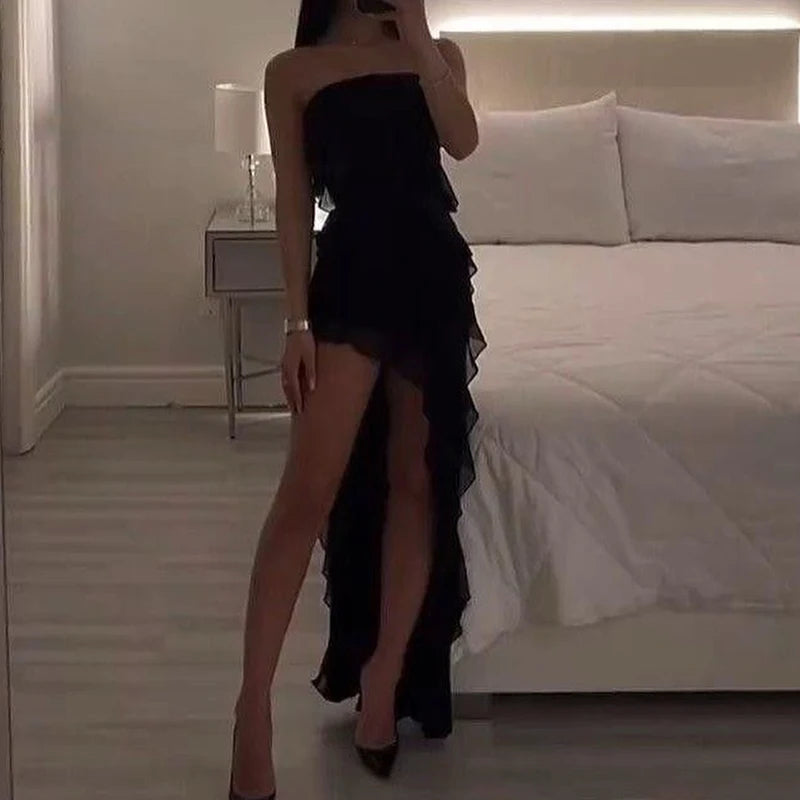 Women Strapless Sexy Floral Fold Hemline High Slit Mini Dress 2025