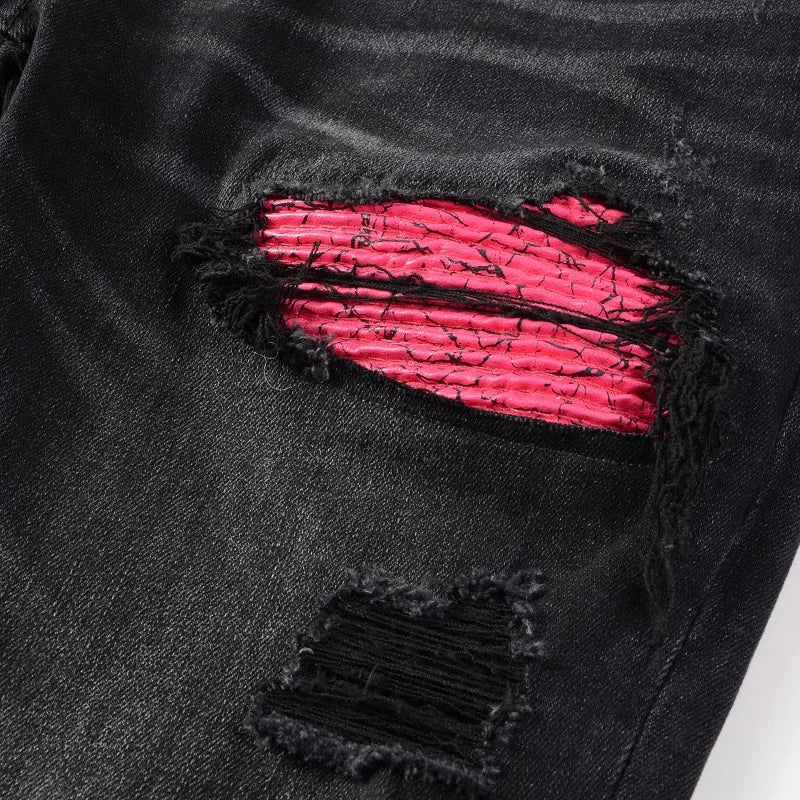 lJeans Streetwear Pleated Patchwork Holes Ripped Stretch Denim Pants Skinny Tl