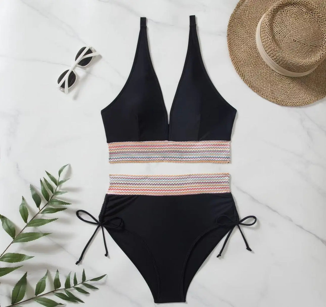 2025 Solid Color Drawstring Bikini Set Fashion High Waist Separate Patchwork Swimwear Drawstring Women