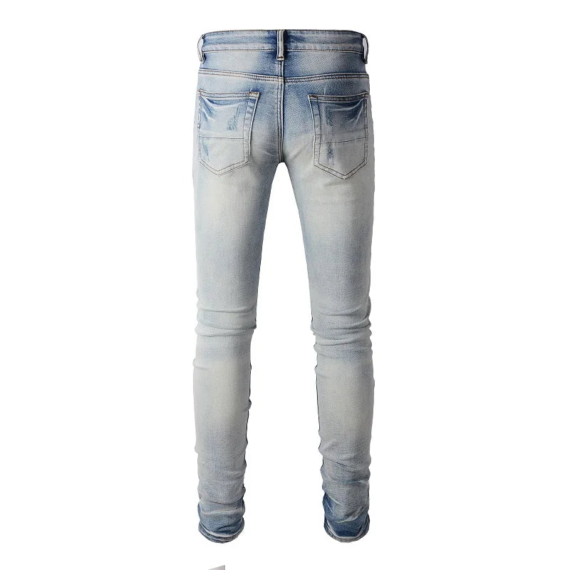 Men Leather Jeans Streetwear Skinny Tapered High Stretch Denim Pants