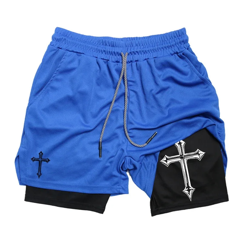 Cross Print 2 in 1 Workout Running Shorts for Men Gym Exercise
