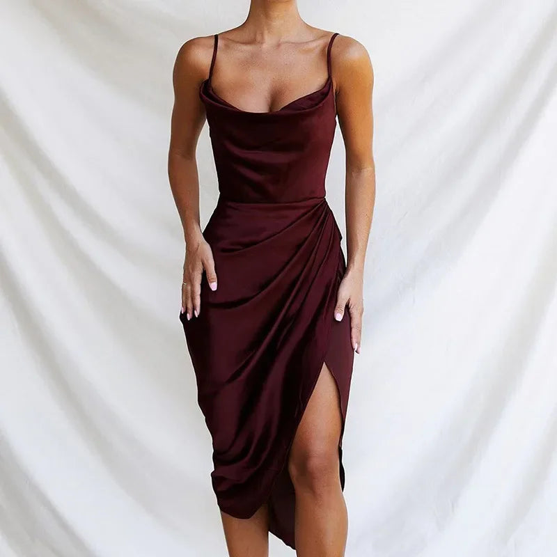 New Asia Ruched Satin Summer Neck Backless Long Dresses Party Sexy