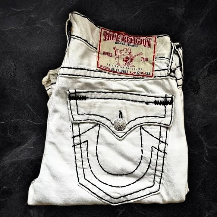 True Religion Men and Women Streetwear Pants Hip Hop Casual High Waisted Denim Trousers