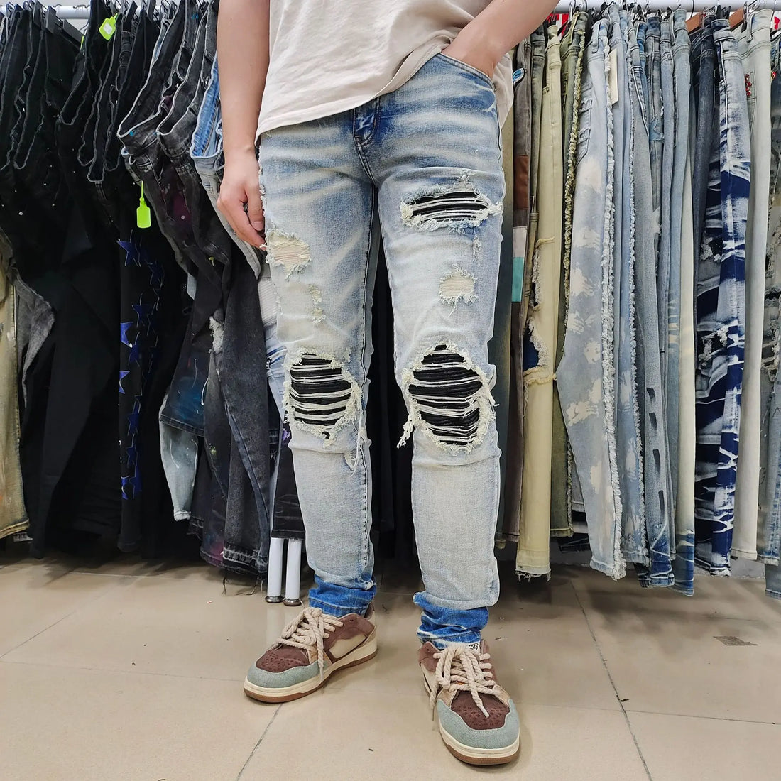 Men Leather Jeans Streetwear Skinny Tapered High Stretch Denim Pants