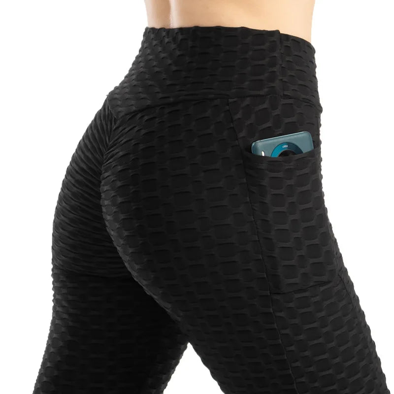 Women Fashion Pocket Bubble Pants Stretchy Slim Leggings Gym Running