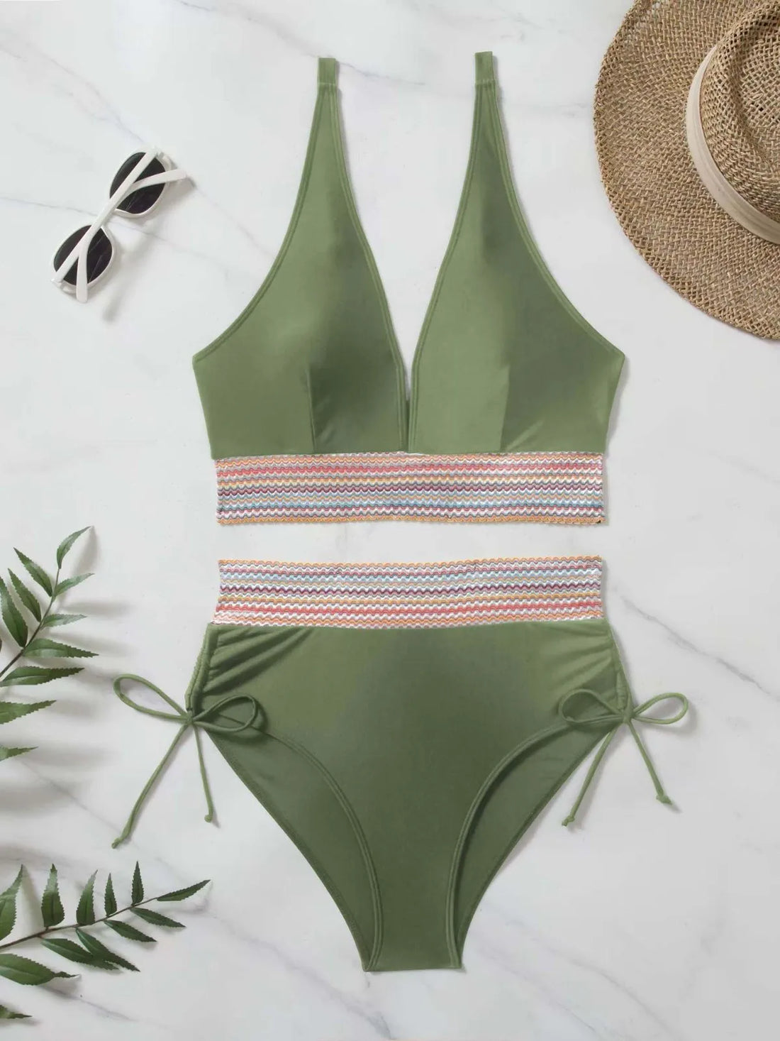 2025 Solid Color Drawstring Bikini Set Fashion High Waist Separate Patchwork Swimwear Drawstring Women