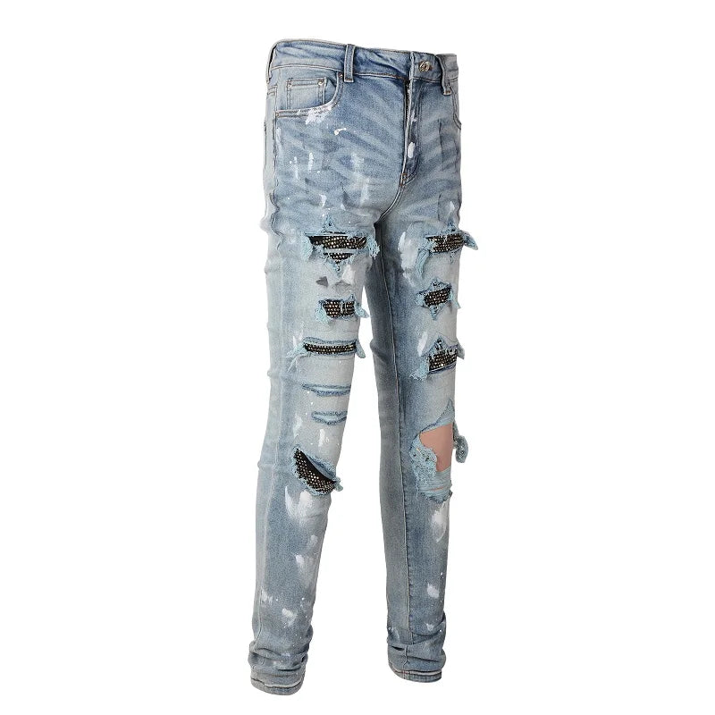 Men Crystal Skinny Stretch Denim Jeans Streetwear