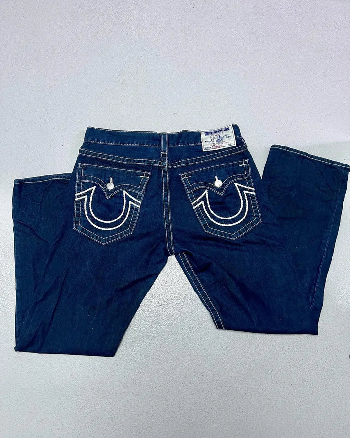 True Religion Men and Women Streetwear Pants Hip Hop Casual High Waisted Denim Trousers