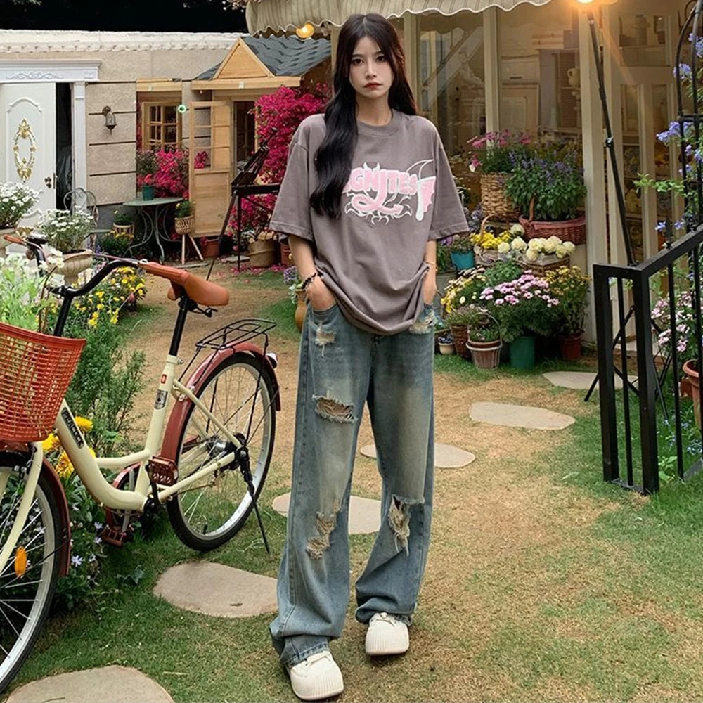 American Retro Design High-street Vibe Wide-legged Dragging Pants