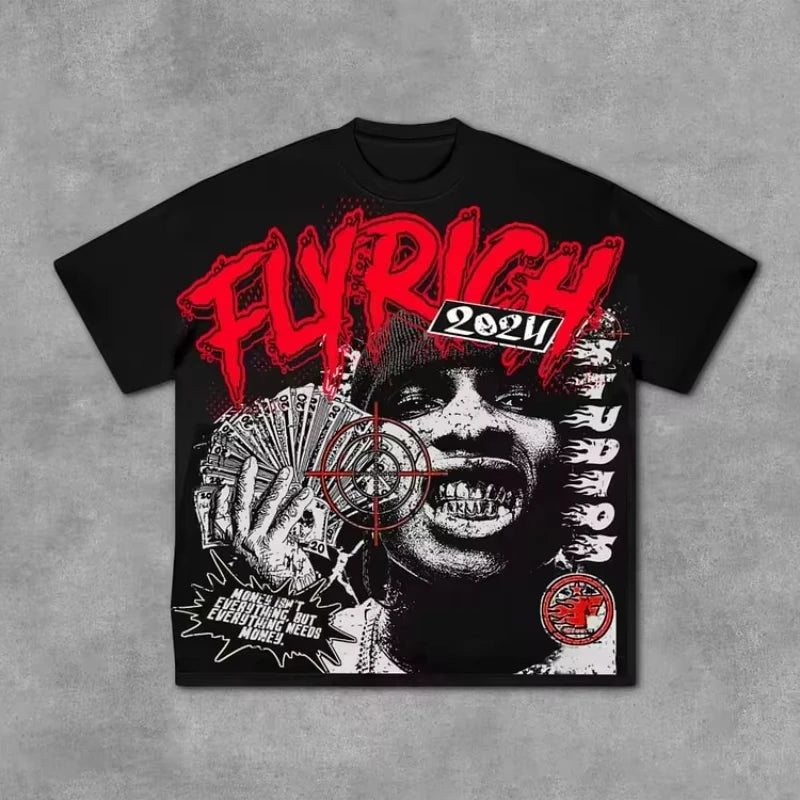 Fly Rich Abstract Human Face Oversize Tshirt Streetwear Men And Women Tops