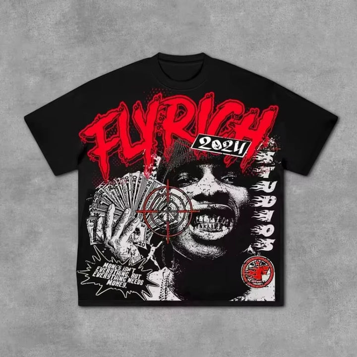 Fly Rich Abstract Human Face Oversize Tshirt Streetwear Men And Women Tops