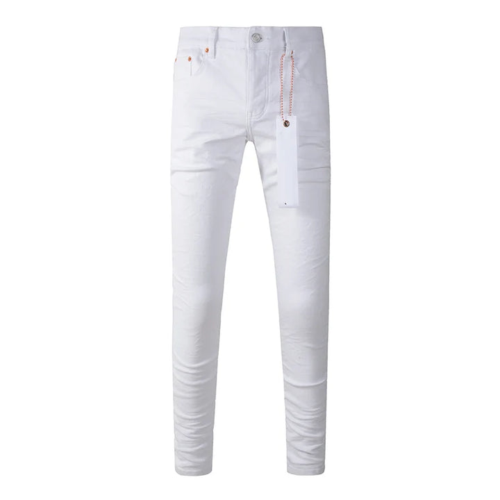 Men's American High Street Distressed White Blank Stretch Skinny Button Fly Ripped Jeans Pants