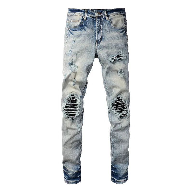 Men Leather Jeans Streetwear Skinny Tapered High Stretch Denim Pants