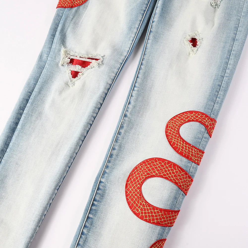 Men's Designer Amiri Snake Skinny Jeans Streetwear Red Leather