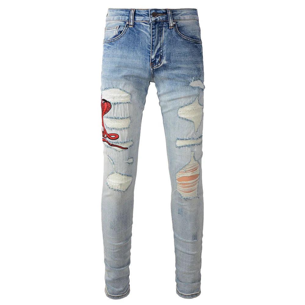 Men Amiri Red Snake  Denim Jeans Streetwear