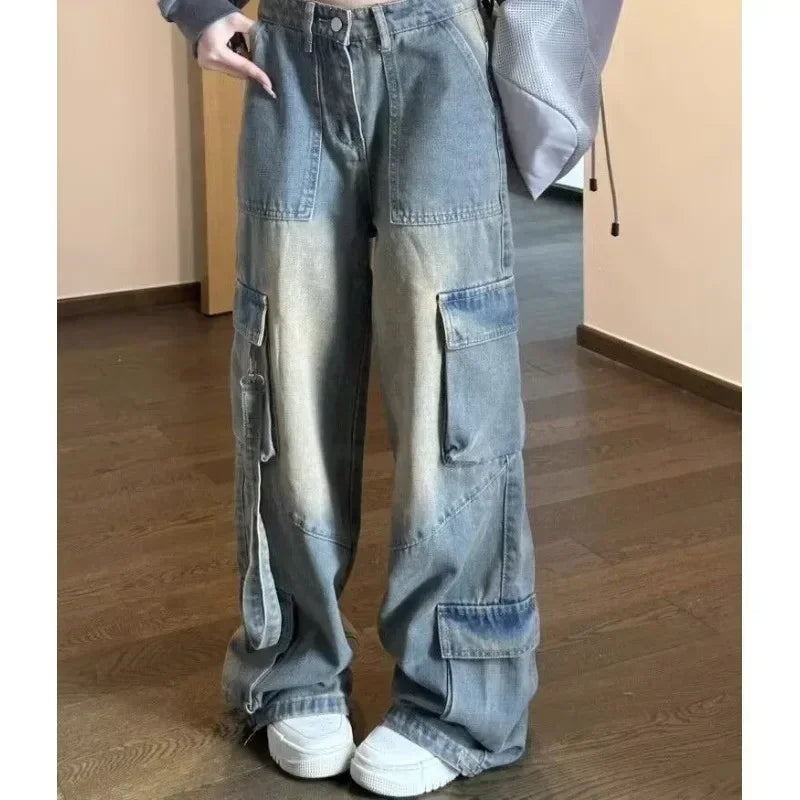Denim High Waist Full Length Jeans Loose Solid Patchwork Distressed