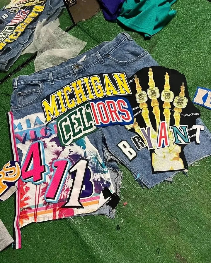 Hip hop cartoon graphics retro denim casual shorts street