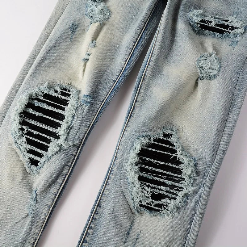 Men Leather Jeans Streetwear Skinny Tapered High Stretch Denim Pants