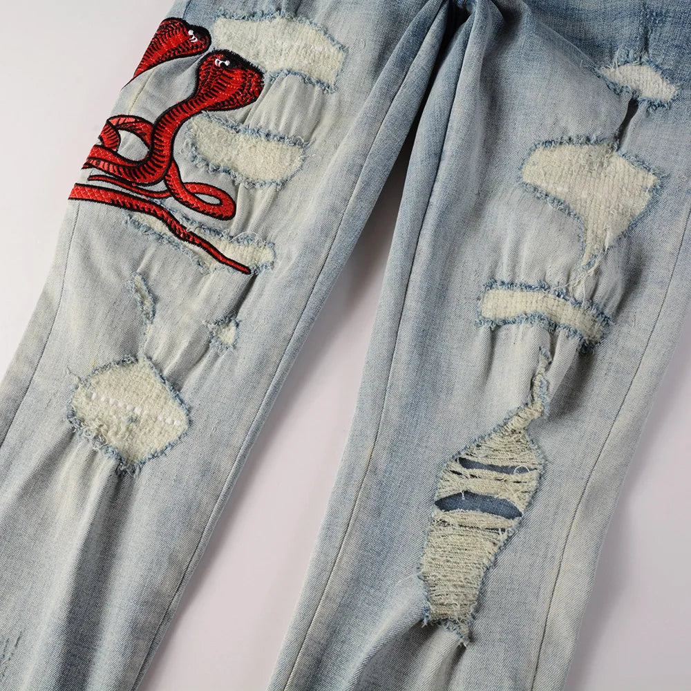 Men Amiri Red Snake  Denim Jeans Streetwear