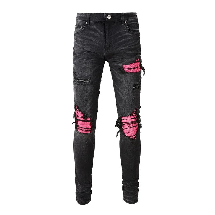 lJeans Streetwear Pleated Patchwork Holes Ripped Stretch Denim Pants Skinny Tl
