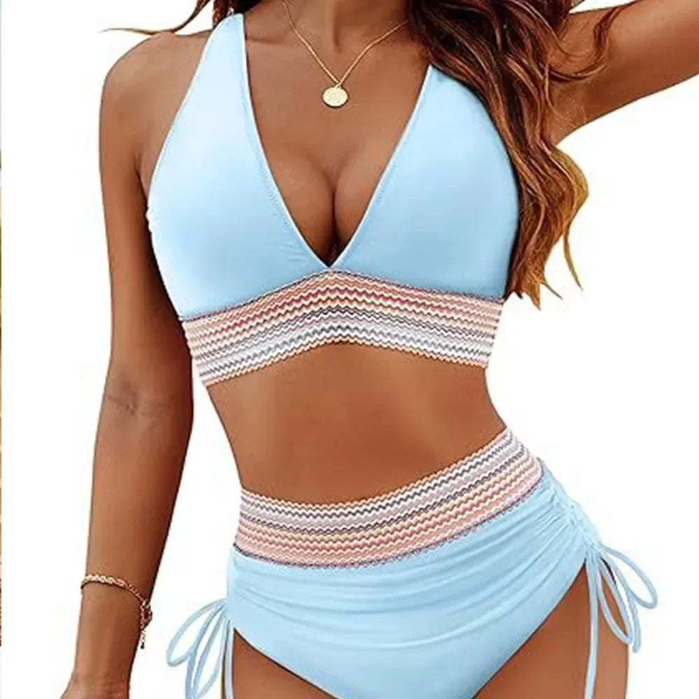 2025 Solid Color Drawstring Bikini Set Fashion High Waist Separate Patchwork Swimwear Drawstring Women