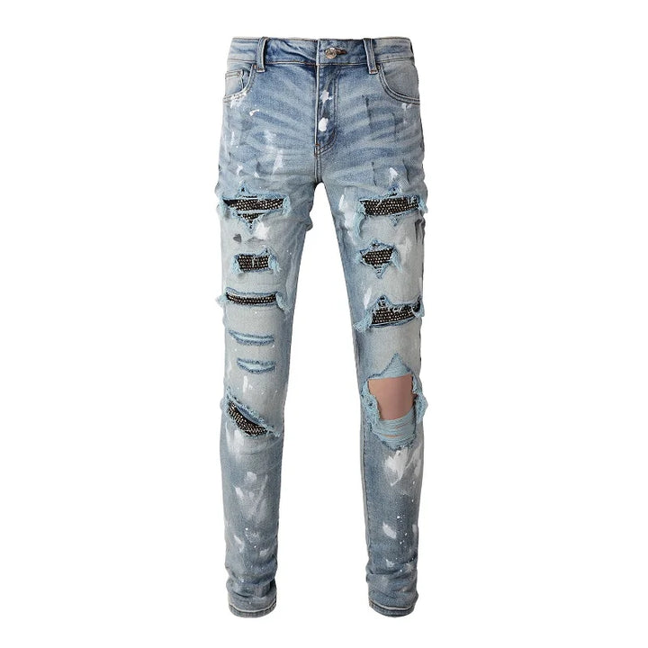 Men Crystal Skinny Stretch Denim Jeans Streetwear