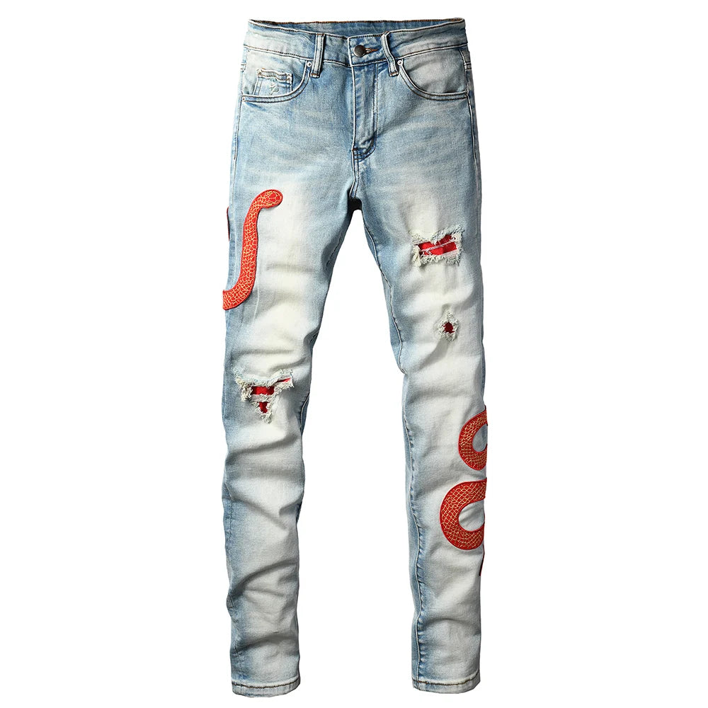 Men's Designer Amiri Snake Skinny Jeans Streetwear Red Leather