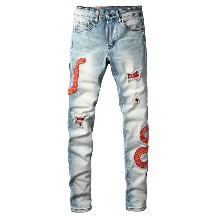 Men's Designer Amiri Snake Skinny Jeans Streetwear Red Leather