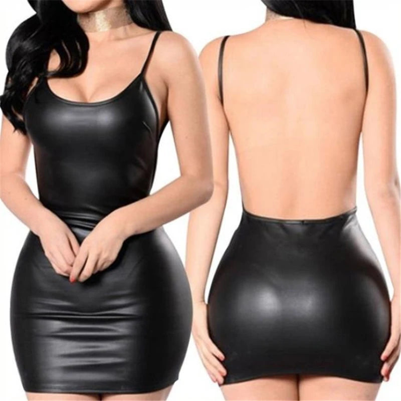 Sexy Leather Dress Backless Club Party Short Dress
