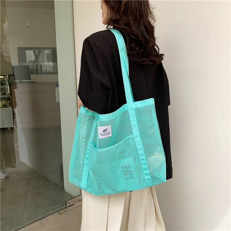 Fashionable Portable Shopping Travel Beach Mesh Net Tote Handbag