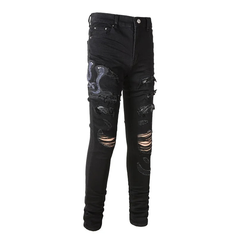 Men Designer Amiri Snake Jeans Skinny Stretch Denim Pants