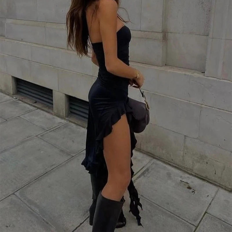 Women Strapless Sexy Floral Fold Hemline High Slit Mini Dress 2025
