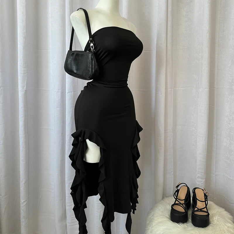 Women Strapless Sexy Floral Fold Hemline High Slit Mini Dress 2025